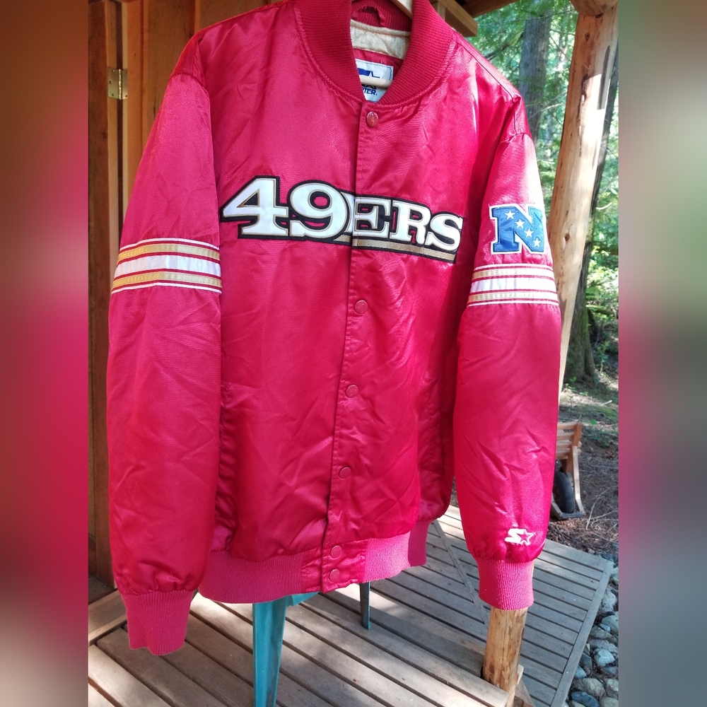 Football Jacket 49ers Starter Large Rare Snap Up Red Gold Winter Coat Shiny - Picture 1 of 15